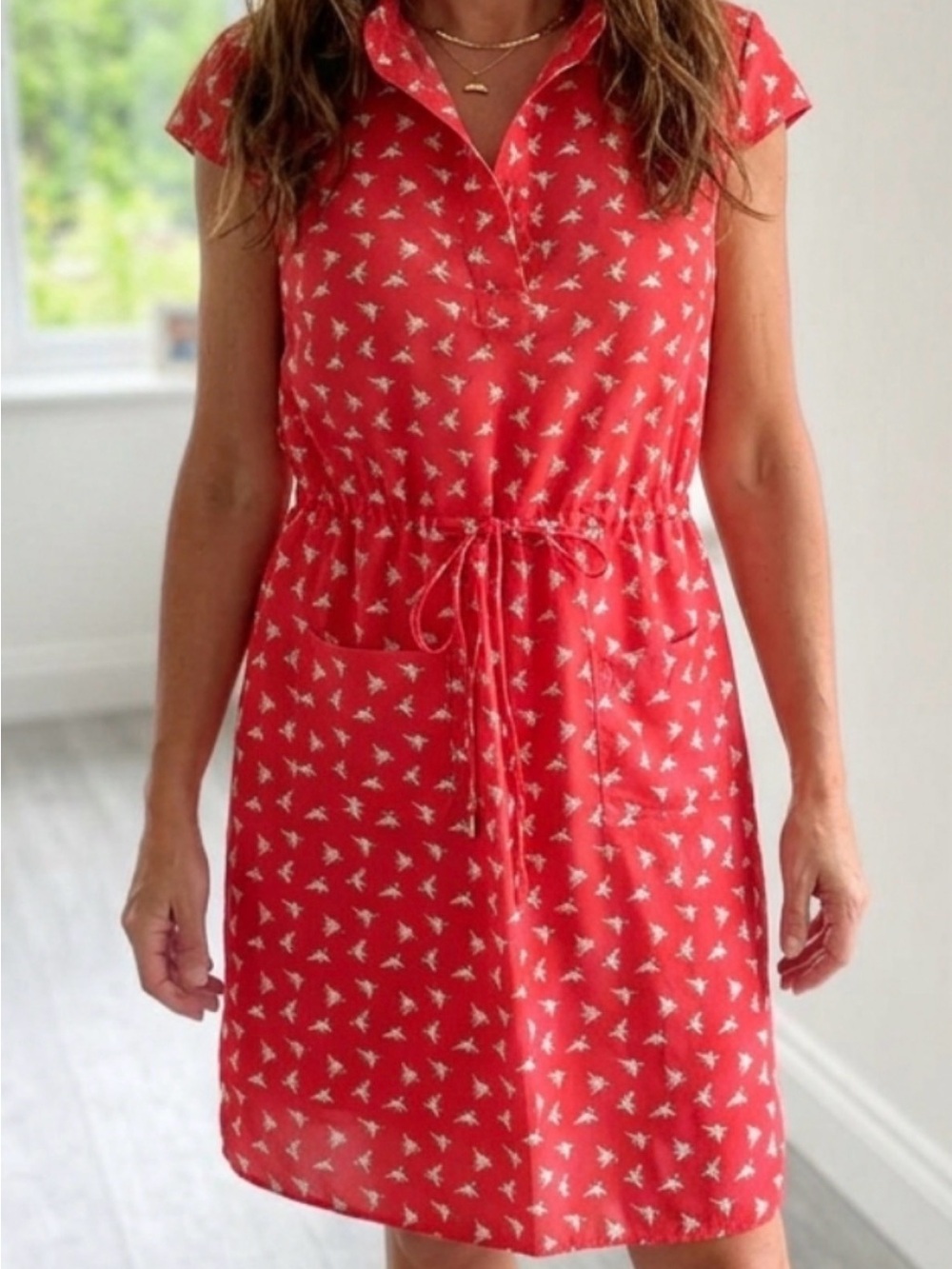 Spense Red Floral Drawstring Shirt Dress with bird or geese pattern